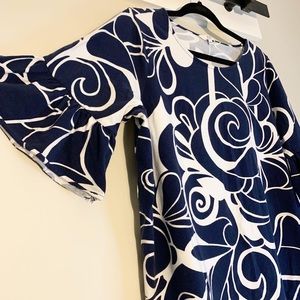 Crown & Ivy Blouse, Navy & White, Size L, Ruffle Bell Sleeve
